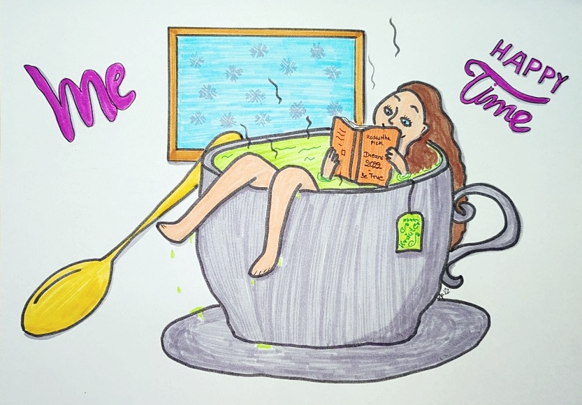 Ein von Rosi gemaltes Bild: Eine Frau liegt in einer großen Tasse mit Kräutertee und liest ein Buch.
