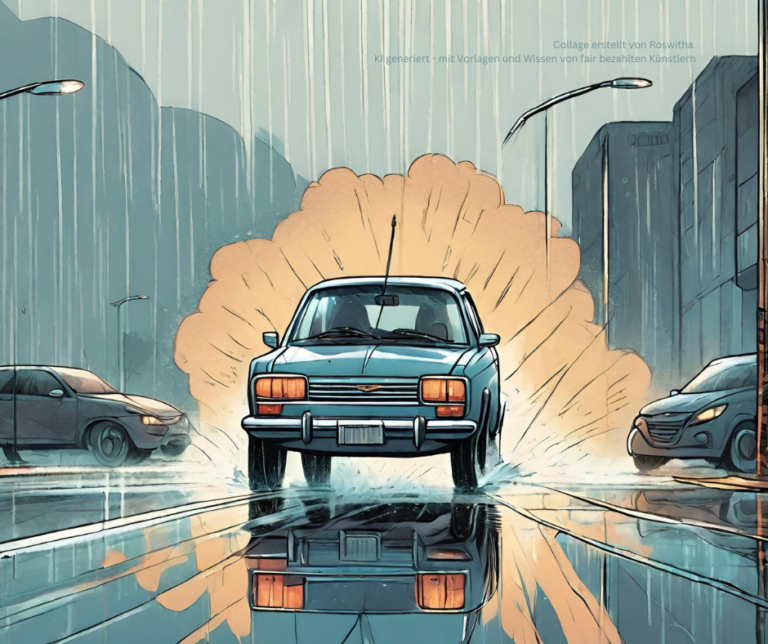 Ein KI generiertes Bild: Ein Auto fährt auf einer nassen Straße. Es regnet noch immer, die Straße glänzt, so dass sich das Auto auf der Fahrbahn spiegelt.
