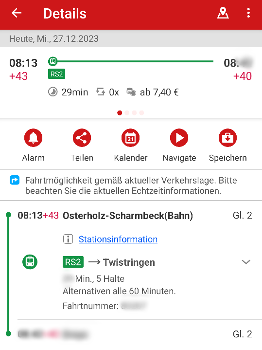 Auszug eines Onlinefahrplans, der zeigt, dass der Zug 43 Minuten Verspätung hat.