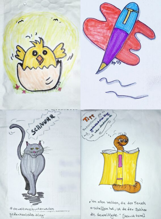 Gemalte Bilder auf Breifumschläge: Ein Kücken in Eierschale, Ein schreibender Kugelschreiber, eine schnurrende Katze, ein lesender Regenwurm.