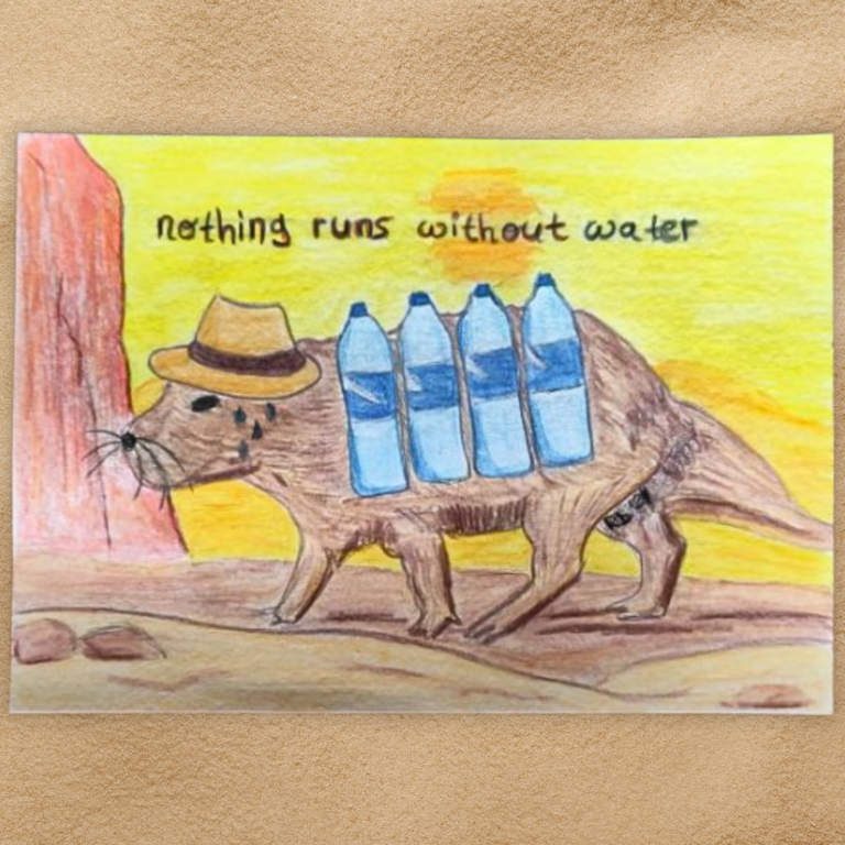Eine Postkarte mit einem Wasserschwein. Dieses hat einen Hut auf, stolziert durch eine triste Landschaft, die an eine Wüste erinnert und trägt mehrere Wasserflaschen an der Seite. Über dem Tier steht: "nothing runs without water".
