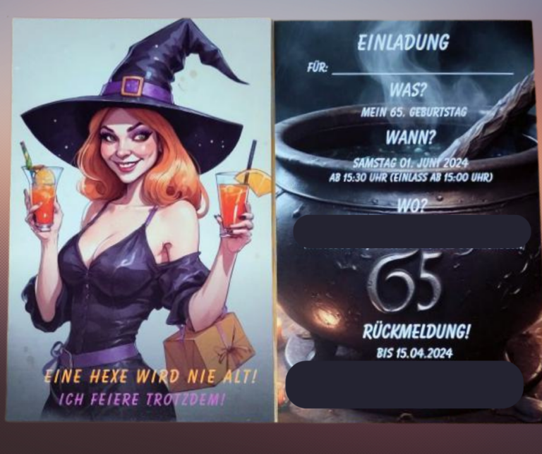Einladungskarte zu einem Geburtstag: Eine Hexe hält zwei Cocktails in Hand. Auf der Rückseite ist ein Hexenkessel mit der Zahl 65 abgebildet, sowie die Daten für die Feier.
