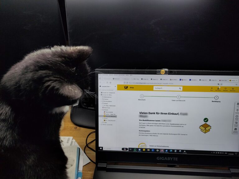 Eine Katze beobachtet den Bildschirm eines Laptops. Zu sehen ist die Shopseite der Deutschen Post.