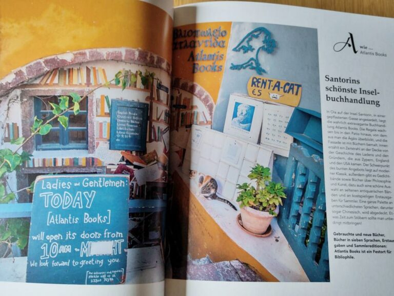 Einblick in das Buch Bücherliebe. Zu sehen ist "Santorins schönste Inselbuchhandlung".